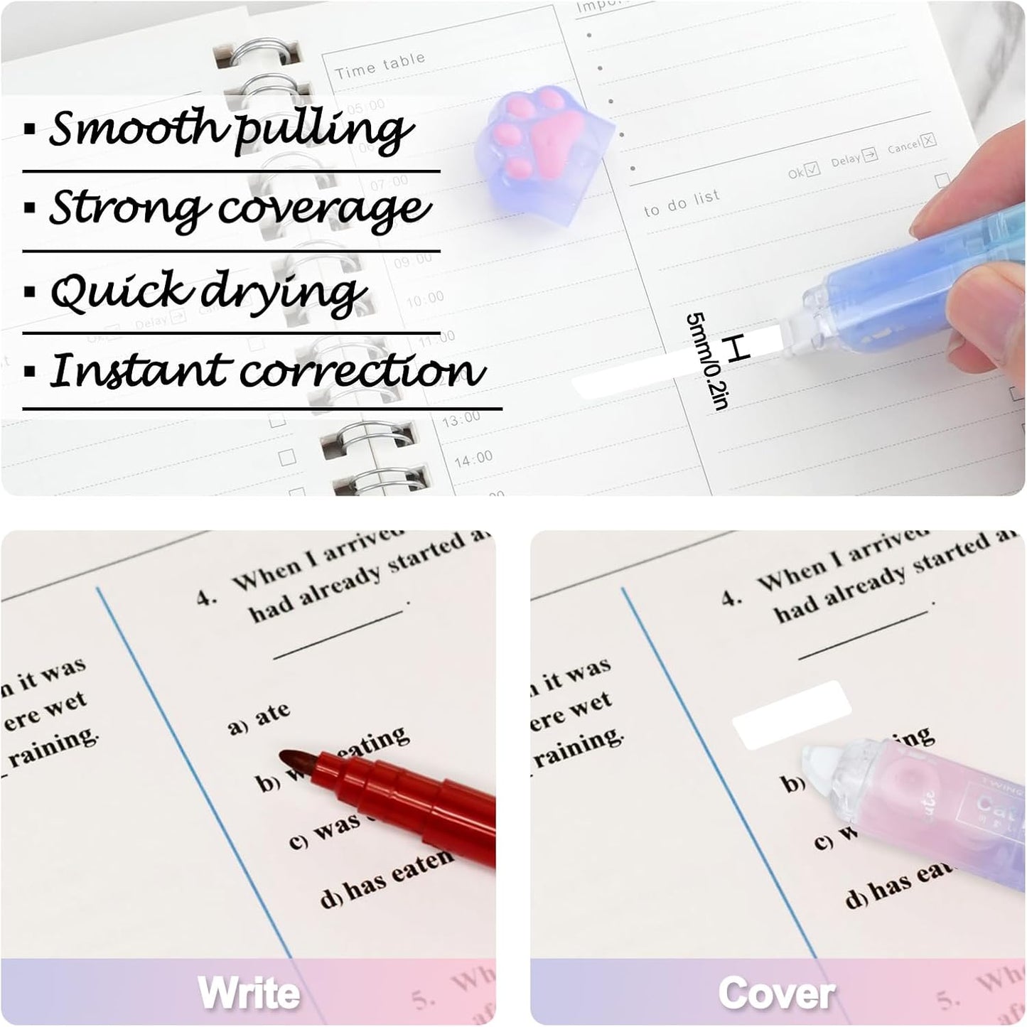 RETON 6 Pcs White Out Correction Tape, 2 in 1 Correction Tape and Double Sided Tape Roller, Cute Cat Paw Correction Tape Pen with Adhesive Glue Tape Roller Runner for School Office Scrapbook Supplies
