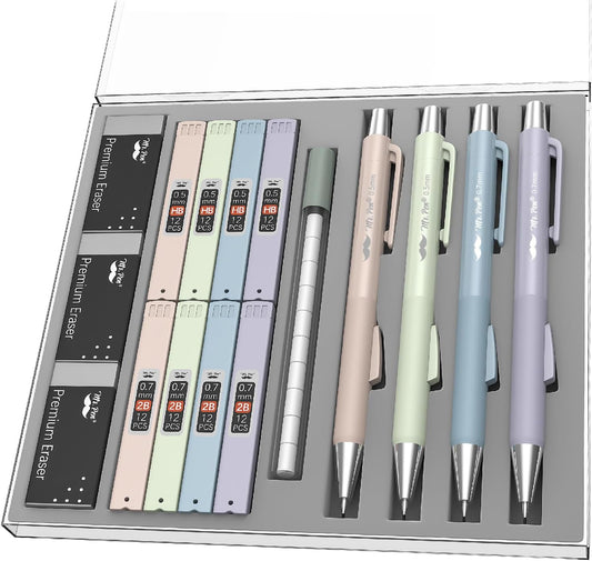 Mr. Pen- Pastel Mechanical Pencil Set with Lead Refills & Erasers, 4 Pack, 2 Sizes, 0.5 & 0.7mm, Fast Click, 6x Tubes HB & 2B Lead Refill, 3x Eraser for School Supplies, Drafting, Drawing & Sketching