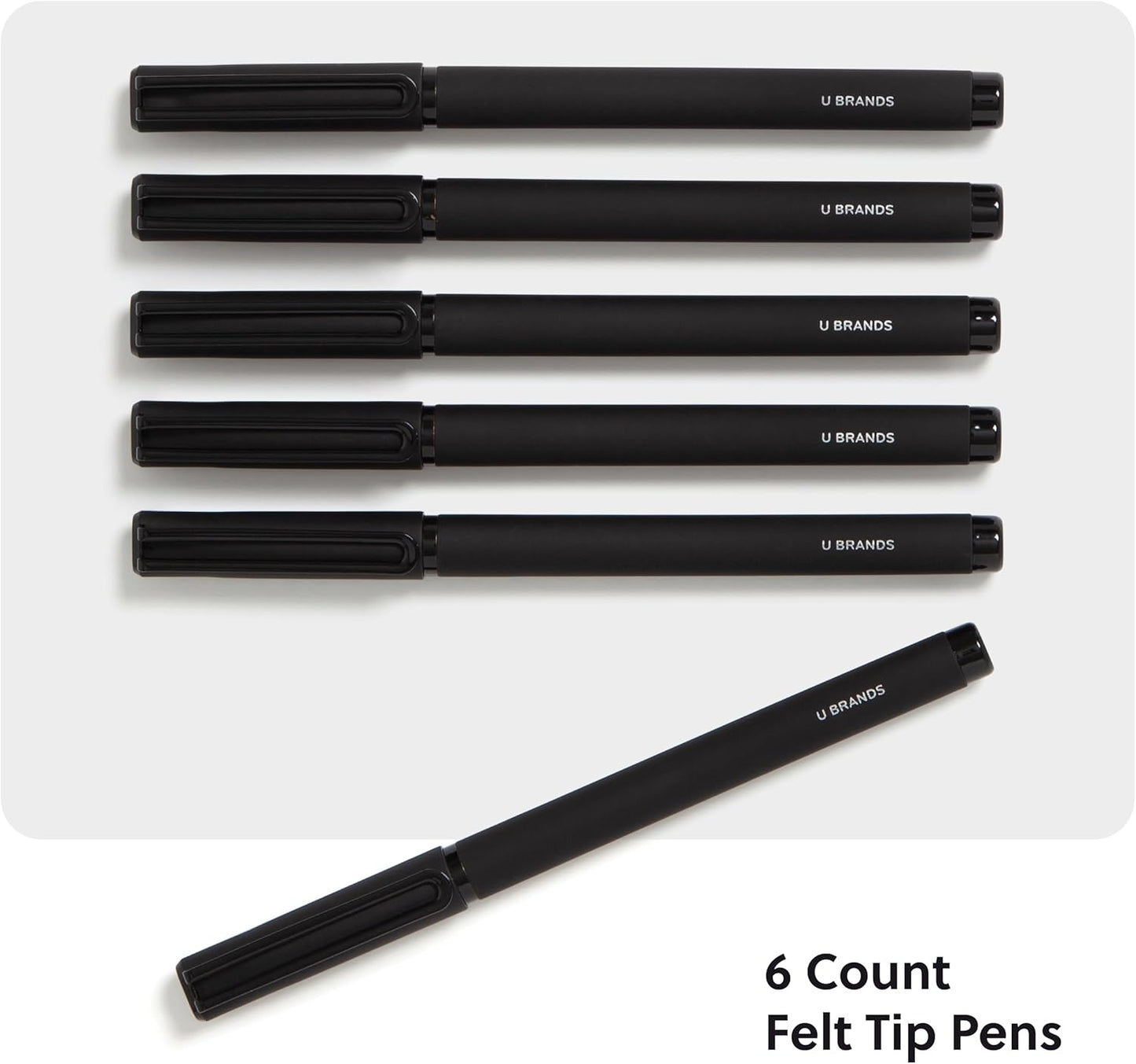 U Brands Catalina Felt Tip Pens, Pen Set of 6 Black Ink Pens, Soft Touch Midnight Black, Medium (0.7 mm) Point