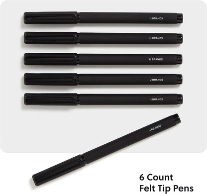 U Brands Catalina Felt Tip Pens, Pen Set of 6 Black Ink Pens, Soft Touch Midnight Black, Medium (0.7 mm) Point