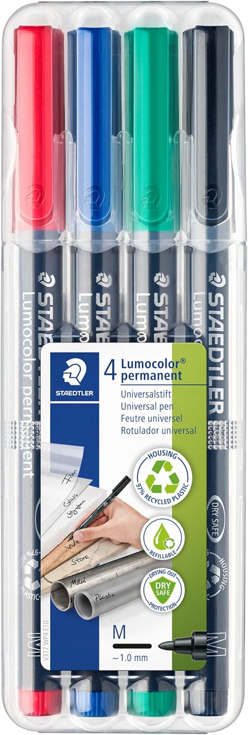 Staedtler 318-WP4 Lumocolor Permanent Universal Pens, Fine Point, 0.6mm, Assorted, 4 per Set