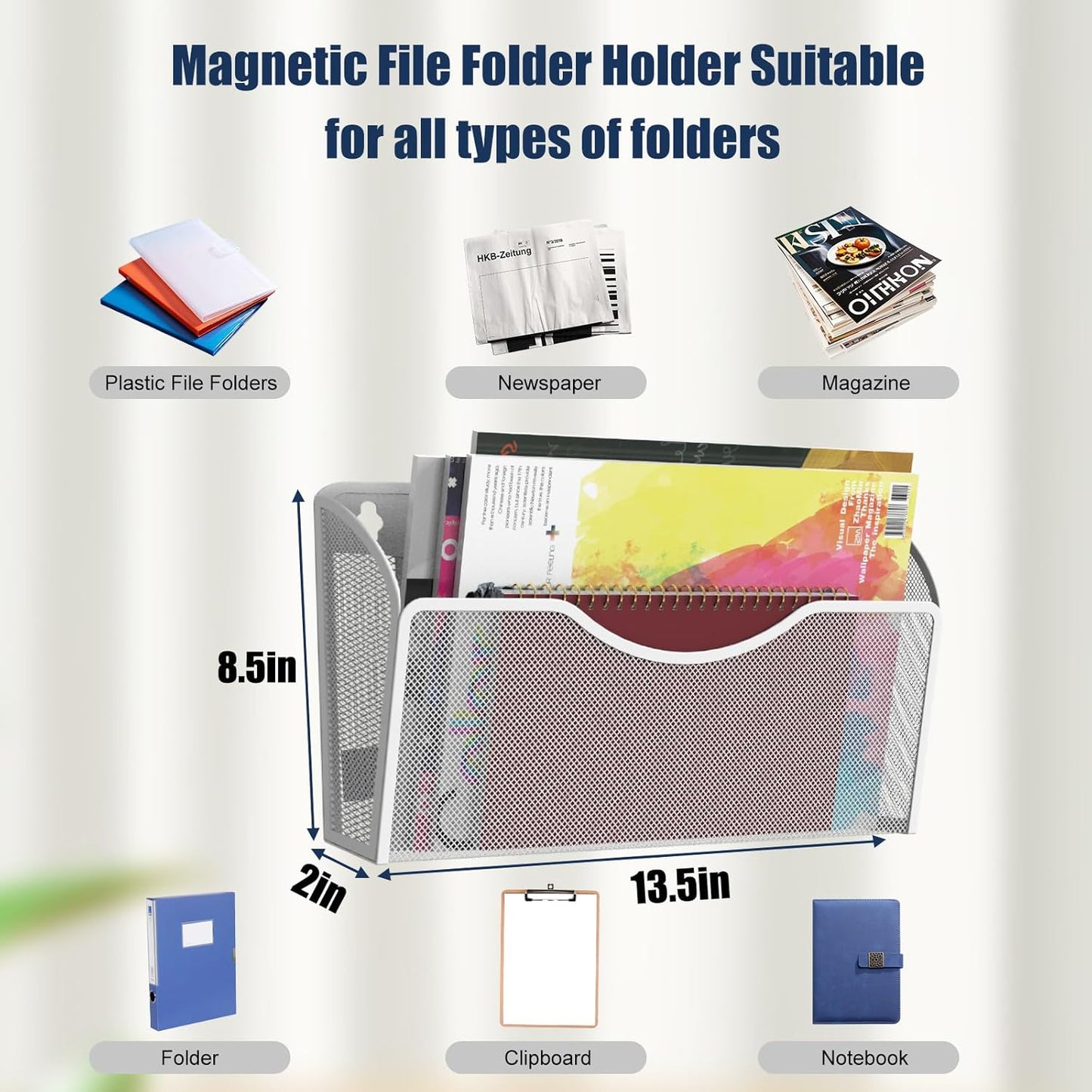 Magnetic File Holder 3 Pockets File Folder Organizer, Office Hanging Magazine Rack for File Cabinets, Magnetic Paper Holder, No Drilling Mail Organizer for Refrigerator, Whiteboard, Office, Kitchen