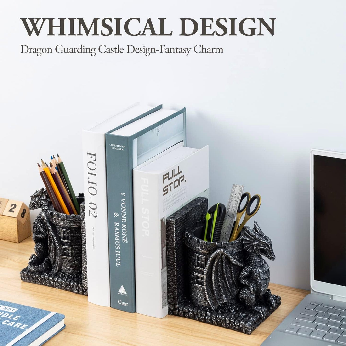Bookends Dragon, Gothic Black Resin Dragon Guarding Castle Pencil Cup Bookends, Office Desk Book Ends with Decorative Fantasy Dragons and Stone Tower Pen Holders, 1 Pair