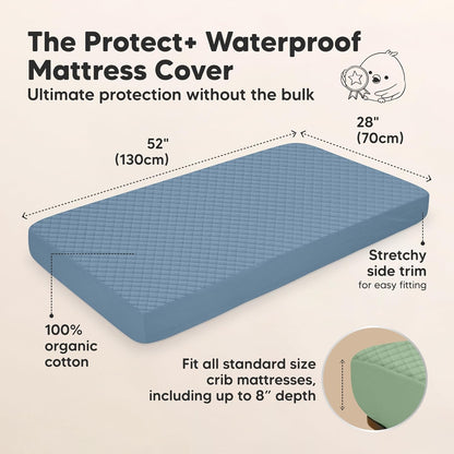 2-Pack Waterproof Crib Mattress Protector Cover Fitted - Quiet Baby Crib Mattress Pad Sheets, 52" x 28" Soft Quilted Cotton Baby Sheet, Machine Washable, Easy Fit, Durable (Soft White/Mavy)