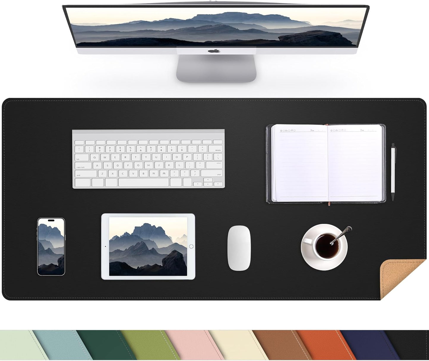 Large Desk Mat 47.2" x 17" Leather Desk Pad Protector with Natural Cork & PU Leather, Non-Slip Office Desk Mat, Large Mouse Pad, Waterproof Desk Blotter pad for Office&Home(Black)