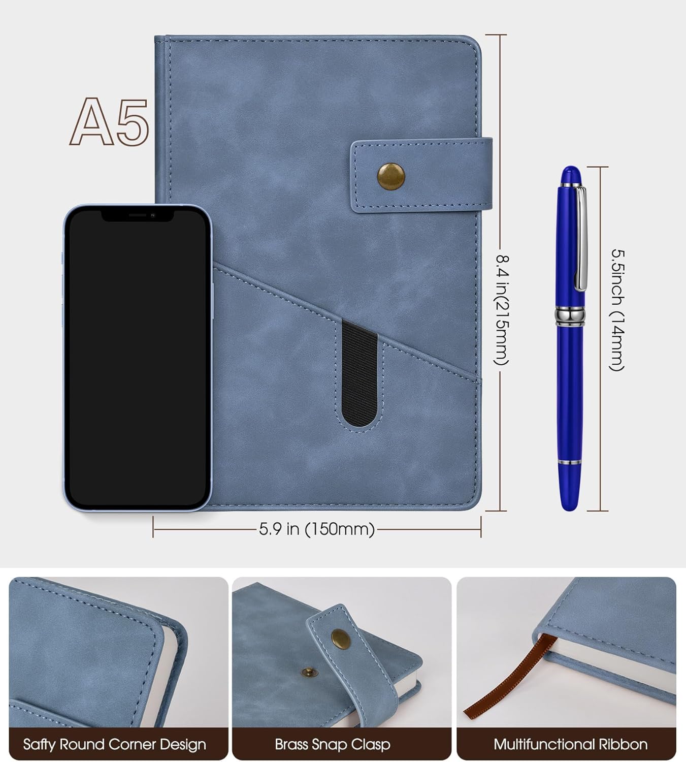 Lined Journal Notebook with Pen, A5 Personalized Hardcover Leather Journal for Men Women, 200 Pages 100 GSM Thick Paper College Ruled Notebooks for Work Travel School Writing Diary 5.9" X 8.4" Black