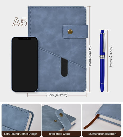 Lined Journal Notebook with Pen, A5 Personalized Hardcover Leather Journal for Men Women, 200 Pages 100 GSM Thick Paper College Ruled Notebooks for Work Travel School Writing Diary 5.9" X 8.4" Black