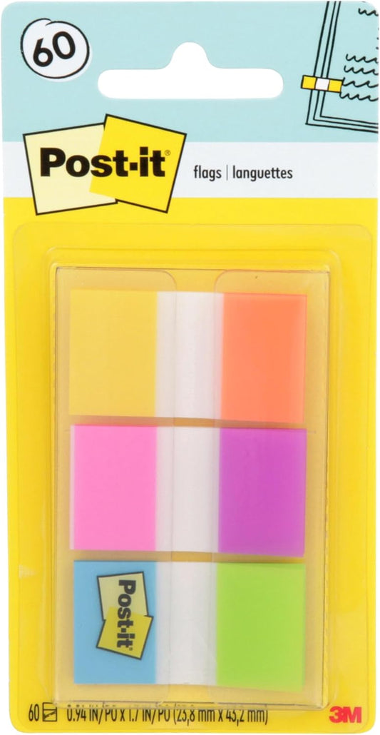 Post-it Flags, 0.94 in. x 1.7 in., One Dispenser with 20-Count Sticky Tabs in Alternating Colors (60 Flags Total), Removable Page Markers for Books, Planners, Calendars, and Other Paper Types