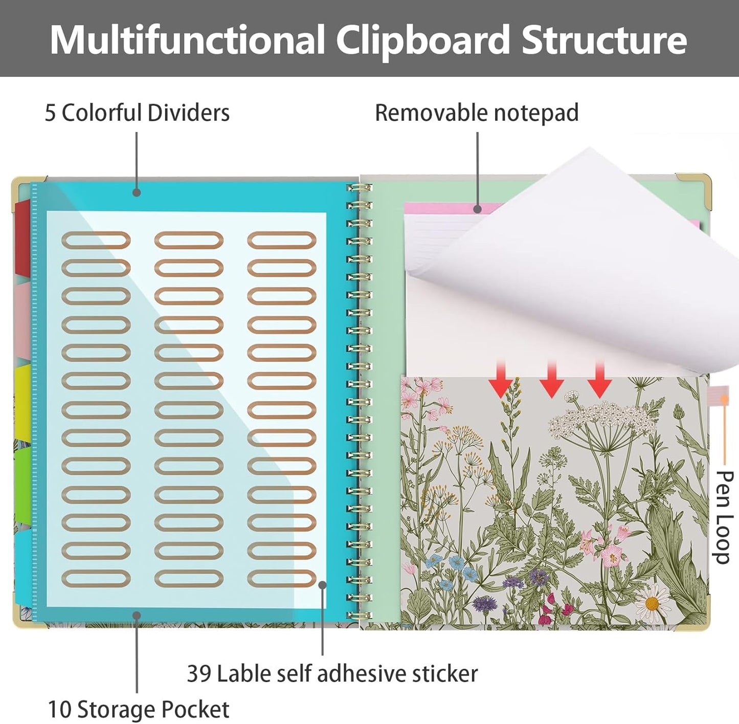 Clipboard Folio with Storage 8.5 X 11 Padfolio Notebook, Clipboards with Notepad Spiral with 10 Pockets and 5 Folders Nursing Teacher School Essentials (Pink Floral)