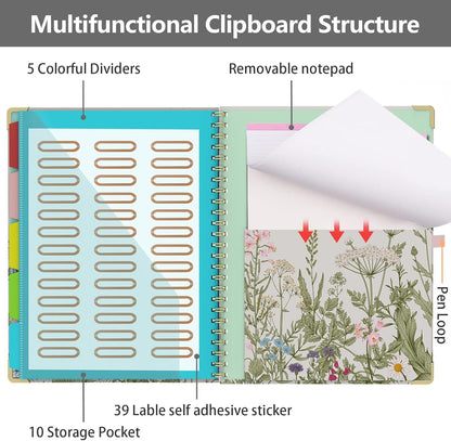 Clipboard Folio with Storage 8.5 X 11 Padfolio Notebook, Clipboards with Notepad Spiral with 10 Pockets and 5 Folders Nursing Teacher School Essentials (Pink Floral)