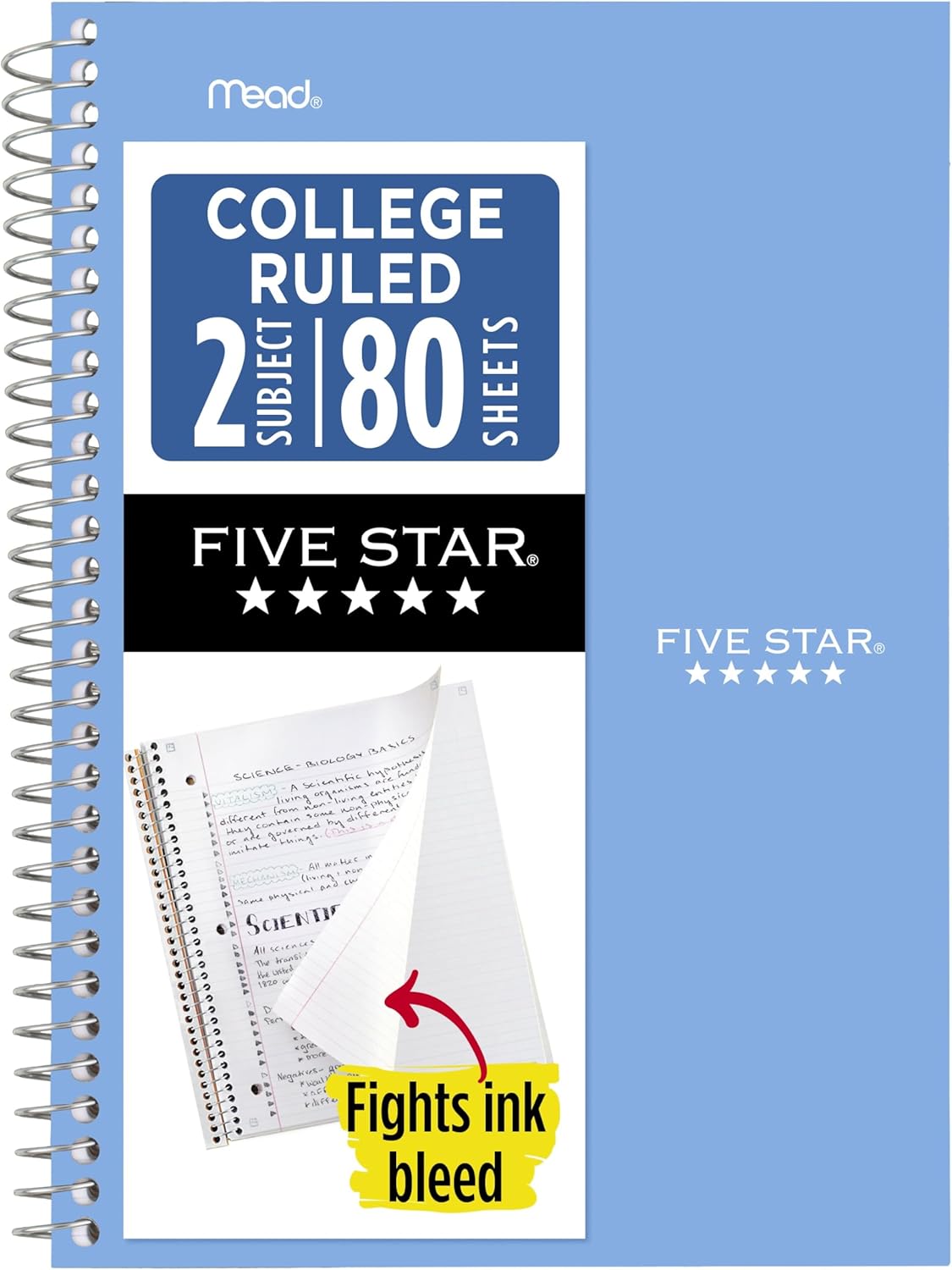 Five Star Spiral Notebook, 2 Subject, College Ruled Paper, 6" x 9.5", 80 Sheets, Blue (Color May Vary) (840029CG1)