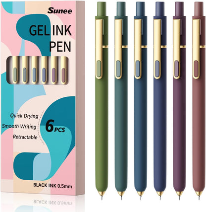 SUNEE Gel Pens, 6 Pack 0.5mm Pens Fine Point Smooth Writing Pens with Quick-Dry Black Ink, Cute Aesthetic School Office Note-Taking Pens for Journaling - Morandi