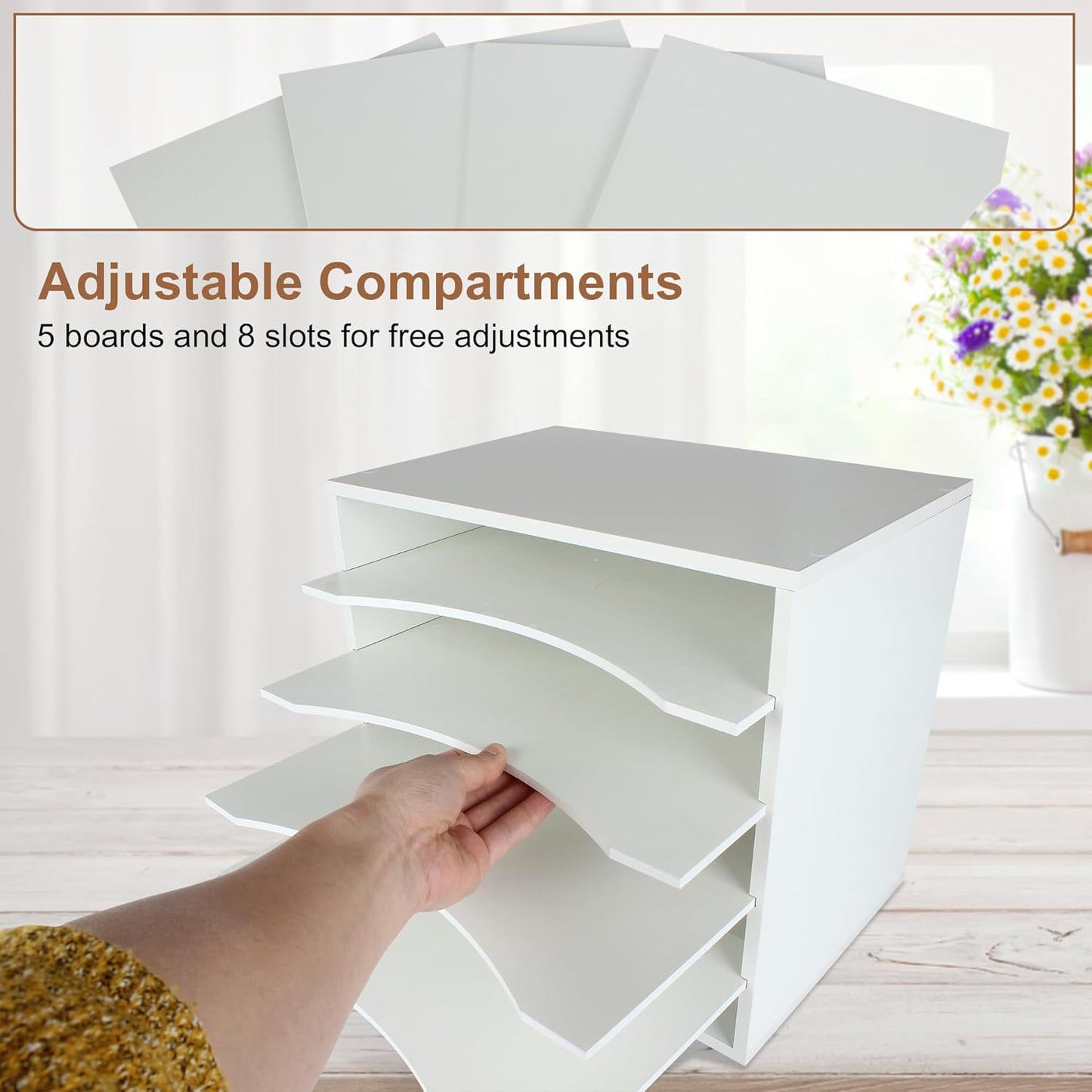 EMERIT 4-Tier Adjustable Paper Organizer, Large Capacity Desktop Organzier for Textbooks/Magazines/Office Files, Wooden Dividers, 7 lbs per Shelf, White
