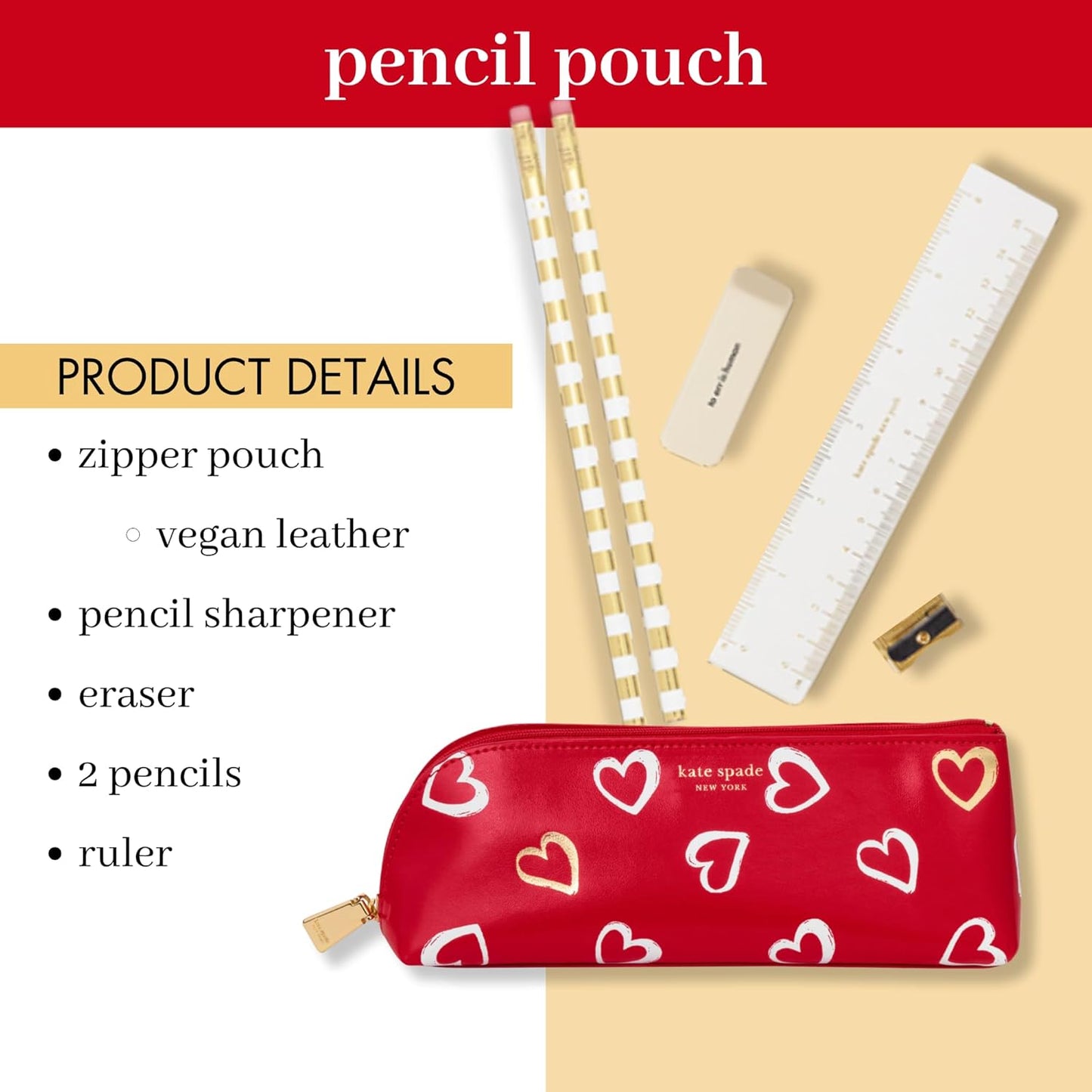 kate spade new york Pen and Pencil Case with Office Supplies, Zip Pouch Includes 2 Pencils, Sharpener, Eraser, and Ruler, Polka Dots (black/white)