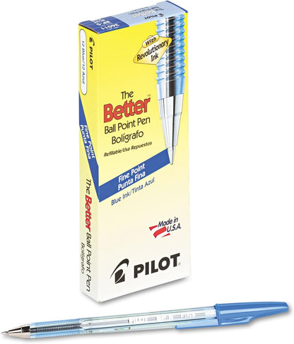 PILOT The Better Ball Point Pen Refillable Ballpoint Stick Pens, Fine Point, Blue Ink, 12-Pack (36011), Dozen Box (0.7mm - Fine)
