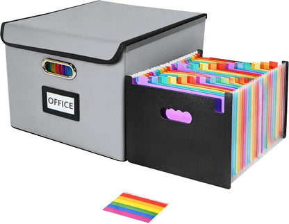 File Organizer Box with 25-Pocket Accordion Folder, File Folder & Protective Lid - Document Storage for Home, Office, School, Dark Grey