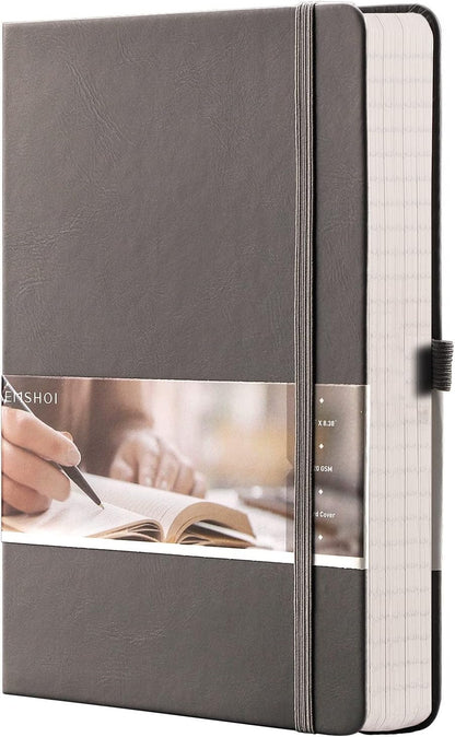 EMSHOI Graph Paper Notebook - 256 Pages A5 Graph Notebook/Journal, Hard Cover, 120gsm Thick Paper, Smooth PU Leather, Inner Pocket, 5.75'' × 8.38''-Black