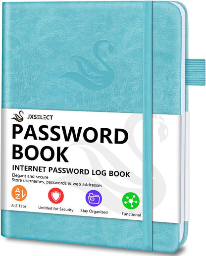 Elegant Password Book with Alphabetical Tabs - Hardcover Password Book for Internet Website Address Login - 5.2" x 7.6" Password Keeper and Organizer w/Notes Section & Back Pocket (Turquoise)