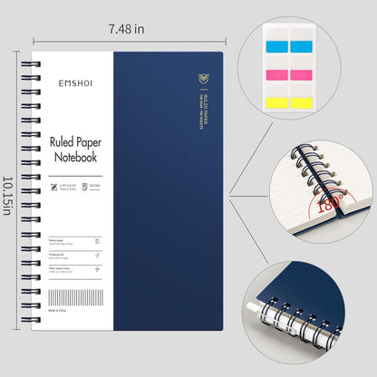 EMSHOI A5 Spiral Notebook College Ruled Lined Journal, Small 5.7" X 8.22", 300 Pages/150 Sheets, 100gsm Thick Paper, Waterproof Hardcover, for Office School Women Men Work Writing Notes, Blue