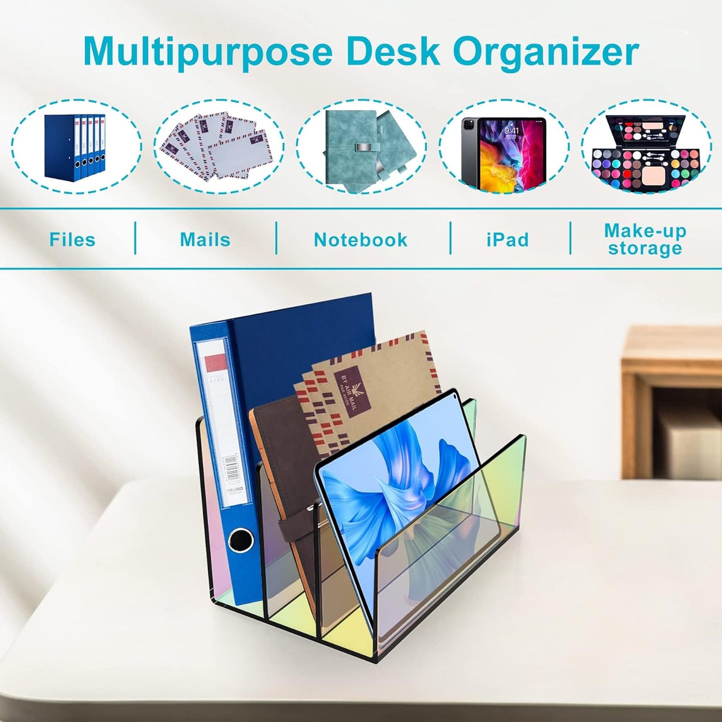 Boloyo Acrylic File Holder,1PC 2 Sections Rainbow File Organizer Mail Letter Sorter Desktop Folder Holder for Home Office School Envelope Bill Filling Paper Document