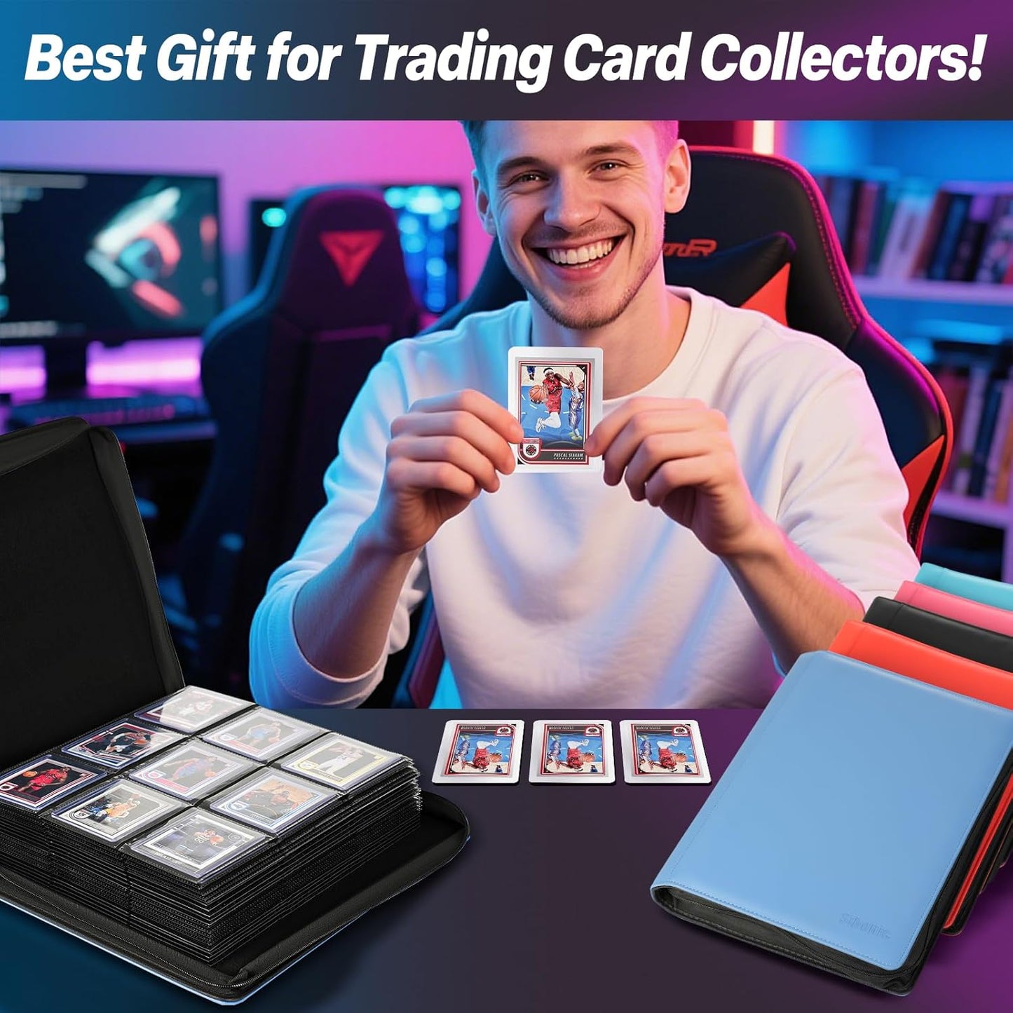 9 Pocket TopLoader Binder, Holds 360 3”x4” Toploader Hard Cases, Sleeves Card Collection Binder, 20 Double Sided Pages, Compatible with Trading & Sports Holder - Black