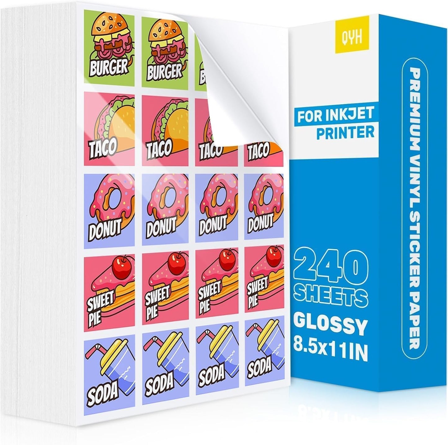 QYH Printable Vinyl Sticker Paper for Inkjet & Laser Printer - Matte White Waterproof, 50 Sheets Vivid Colors, Compatible with Cricut, Silhouette, Ideal for Small Business & DIY- 8.5"x11"