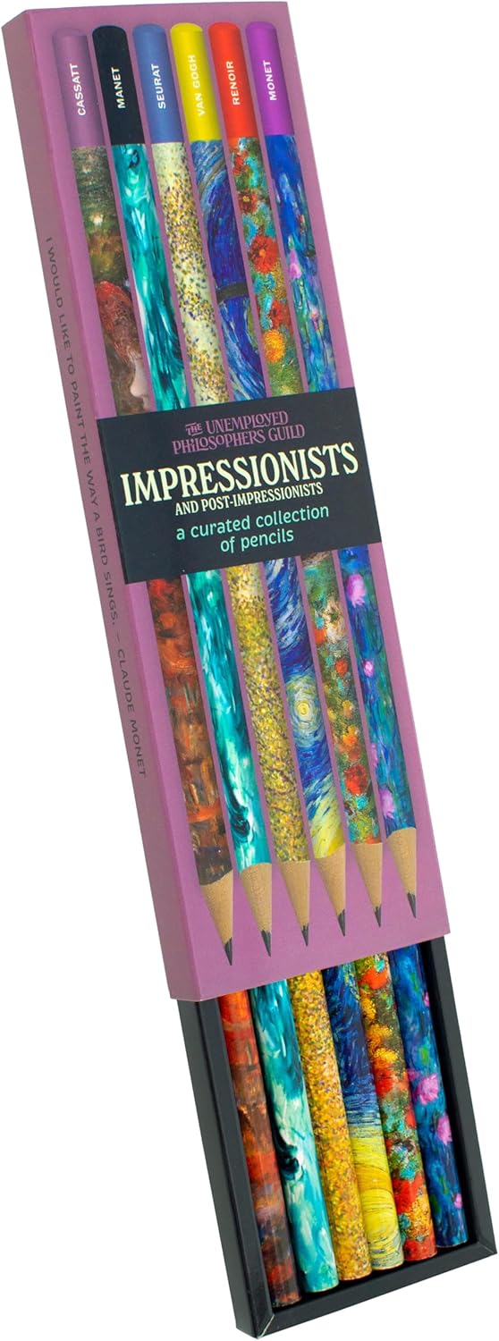The Unemployed Philosophers Guild Impressionists Pencil Set - Box Wooden Paint-Dipped Unsharpened #2 Lead Pencils, Set of 6 Unique Designs