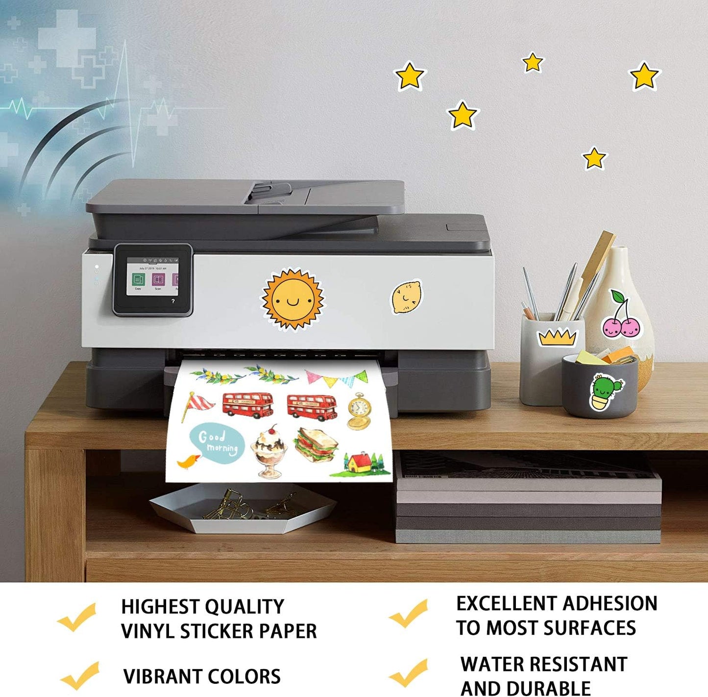 Printable Vinyl Sticker Paper for Inkjet and Laser Printer - Glossy White - 21 Waterproof Decal Paper Self-Adhesive Sheets 8.5"x11"- Dries Quickly and Holds Ink Beautifully