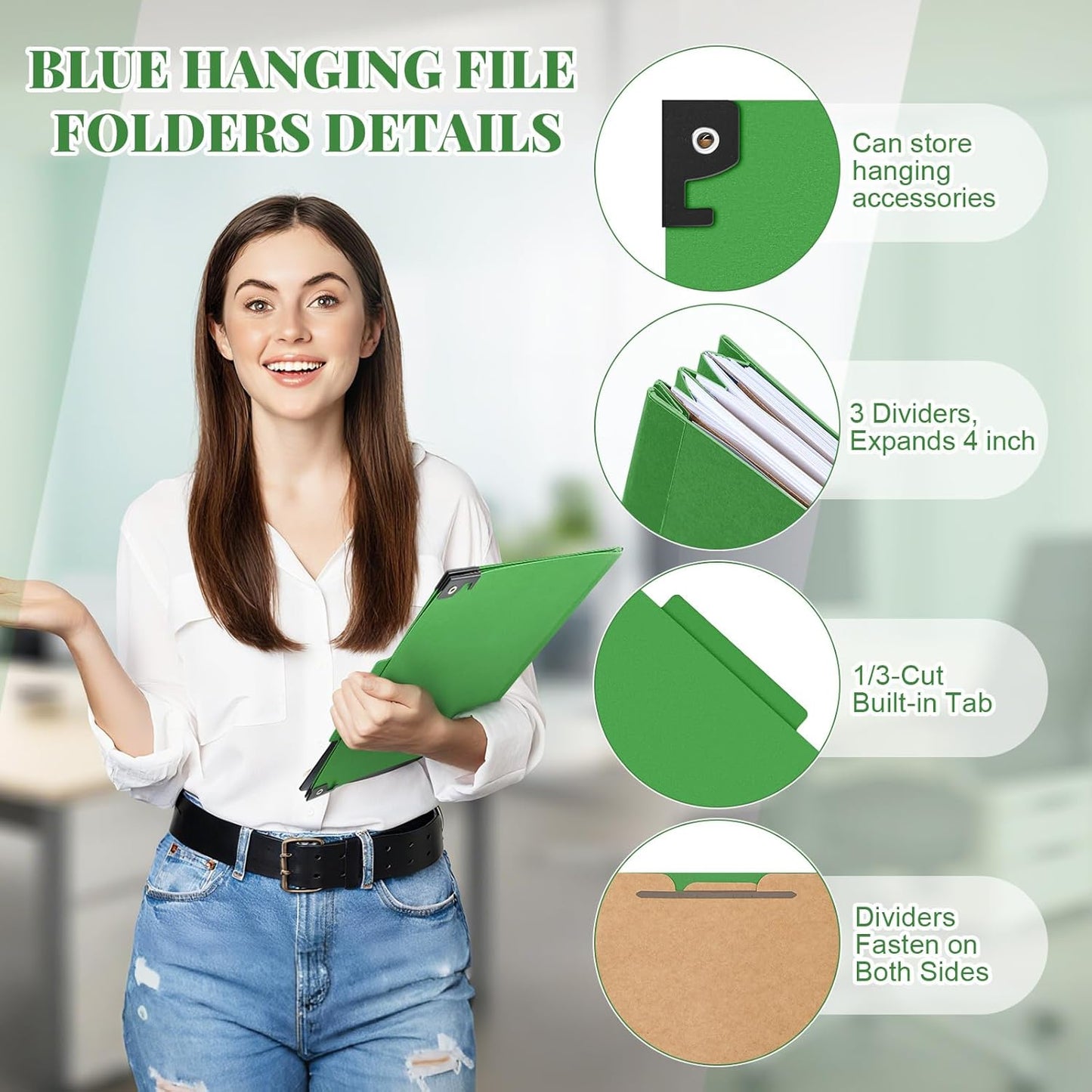 Henoyso 10 Pcs Hanging Classification Folders Bulk with 2 Prongs, 1 Divider Letter Size, 2 Inch Expansions Pressboard File Folder, 1/3-cut Tab File Organizer (1 Divider,Green)