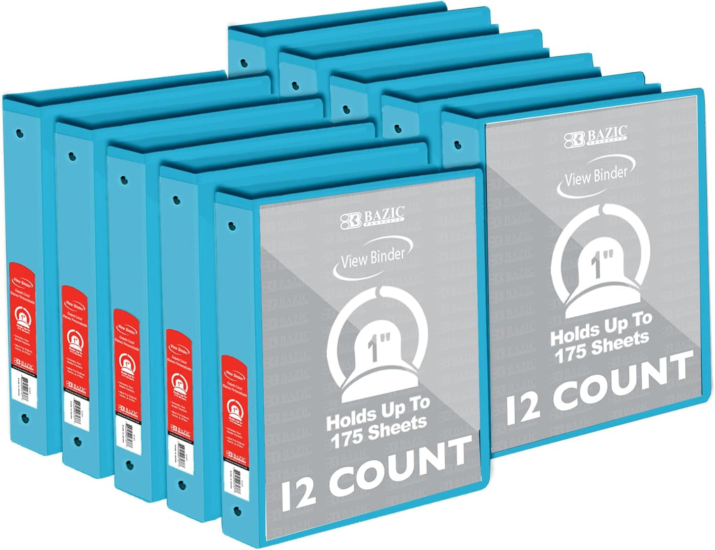 BAZIC Products 3 Ring Binder - Green, Economy View Binder with Clear Overlay Cover and Round Rings, Organizer for School Office Home Use, 1-inch Capacity Holds 175 Sheets Paper, 12-Pack