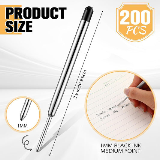 AmazingSpark 200 Pcs 3.9 Inch Ballpoint Pen Refills Bulk Black Ink Pen Refills for Click Retractable Pens 1mm Medium Point Replaceable Ballpoint Refill with Smooth Writing for School Office Supplies