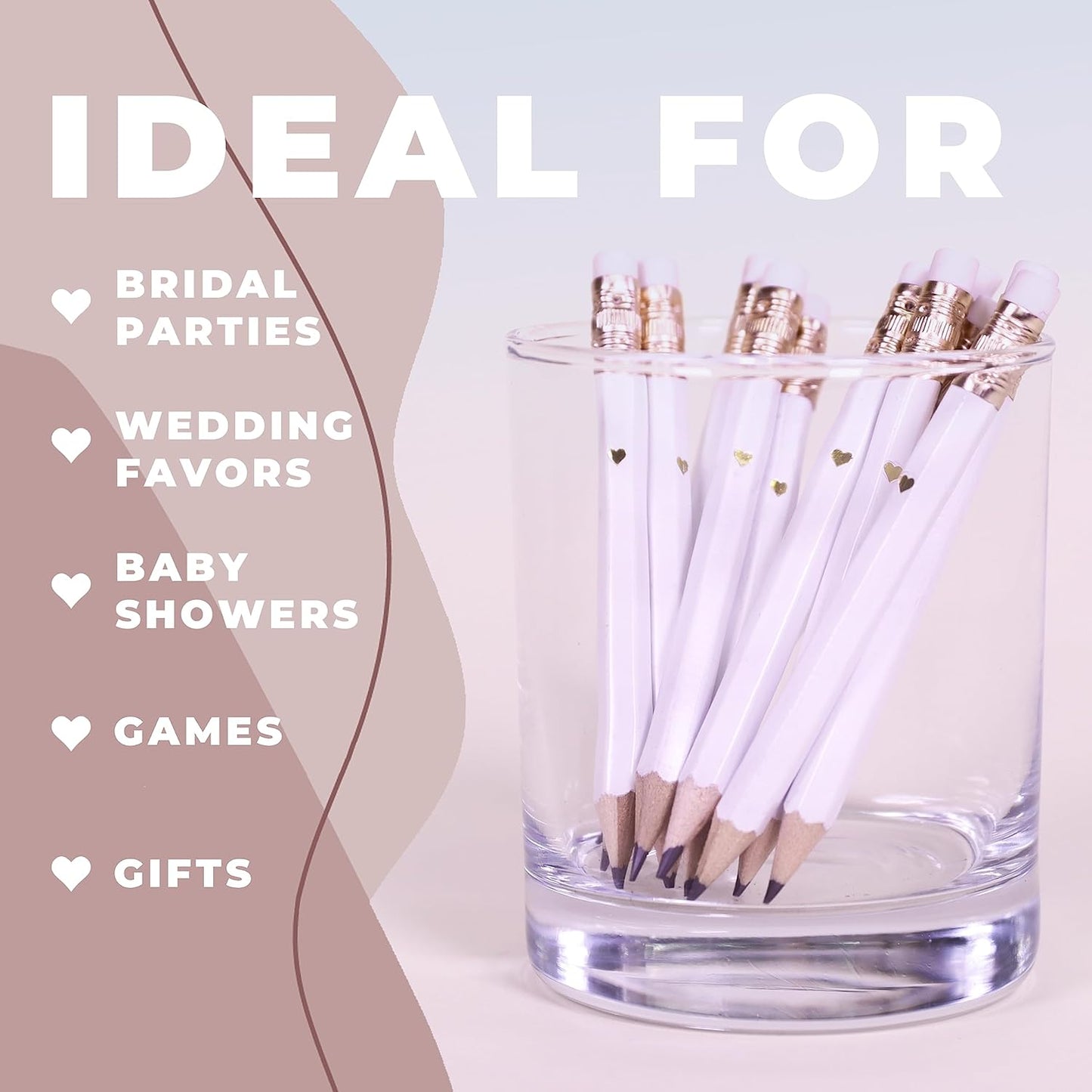 Heart Pencils for Baby Shower Games and Bridal Shower Games, Mini Pencils, Small Pencil Set For Game Prizes, Bridal Pens (White / Gold)