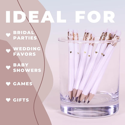 Heart Pencils for Baby Shower Games and Bridal Shower Games, Mini Pencils, Small Pencil Set For Game Prizes, Bridal Pens (White / Gold)