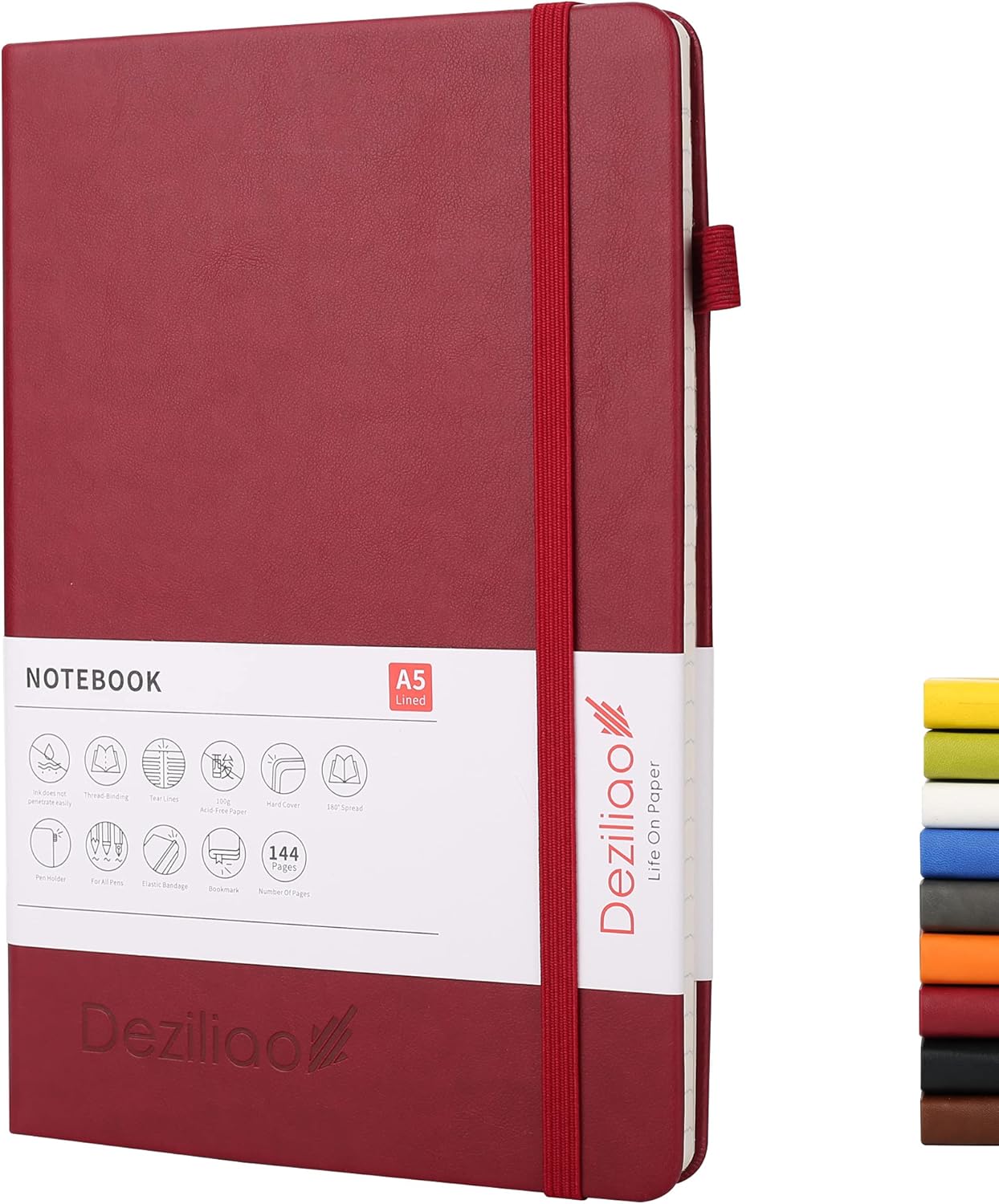 Deziliao Lined Journal Notebooks with Pen Loop, Hardcover Notebook Journal for Work, 100Gsm Premium Thick Paper with Inner Pocket, Medium 5.7"x8.4", （Black, Ruled）