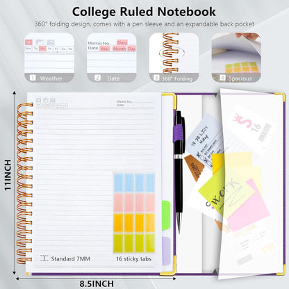 Hardcover Spiral Notebook College Ruled, 8"x10" Leather Journal Notebook with Magnetic Closure, 300 Pages 5 Subject Notebook with Dividers Tabs Journal for Women Men, Work, School(Rose Red)