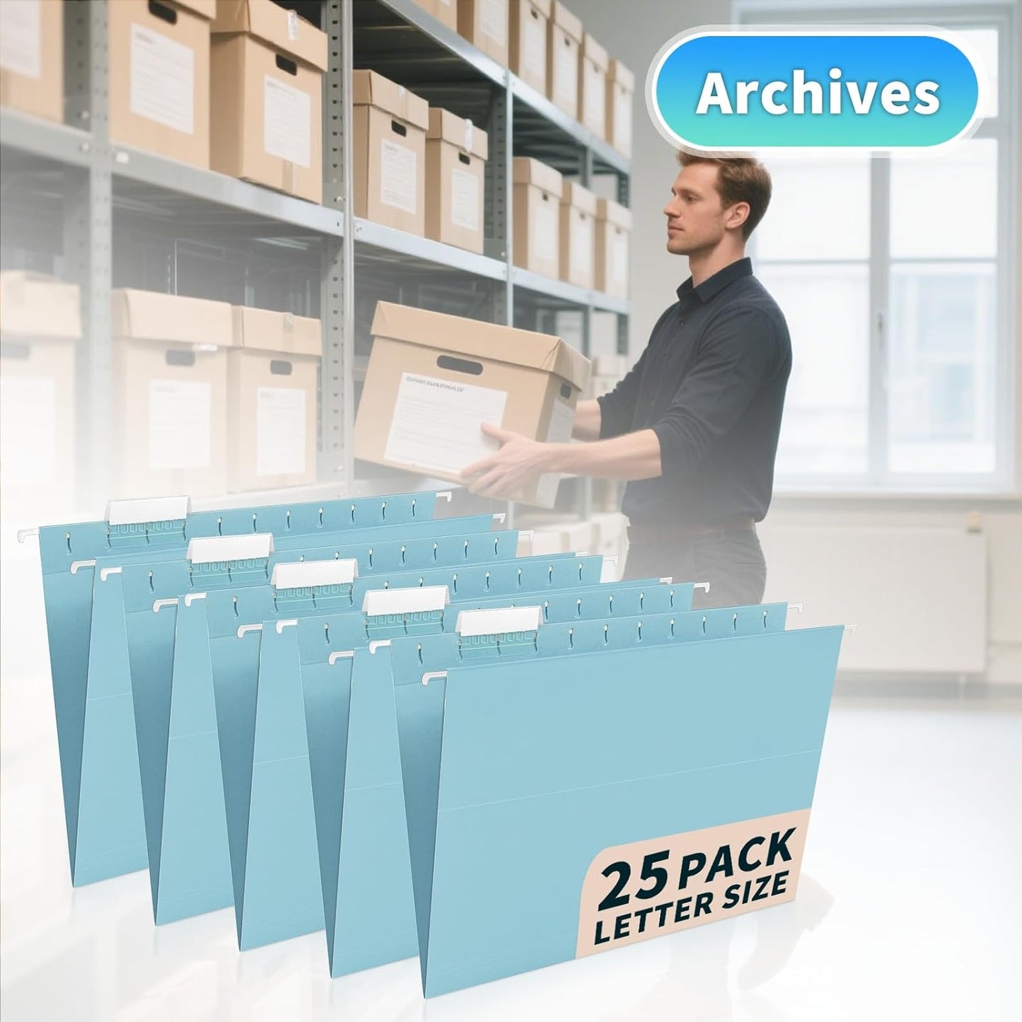 25-Pack Green Hanging File Folders, Letter Size (8.5" x 11") with 1/5-Cut Tabs,Includes 35 Transparent Label Cards & 50 Sticker Labels for Home & Office Organization