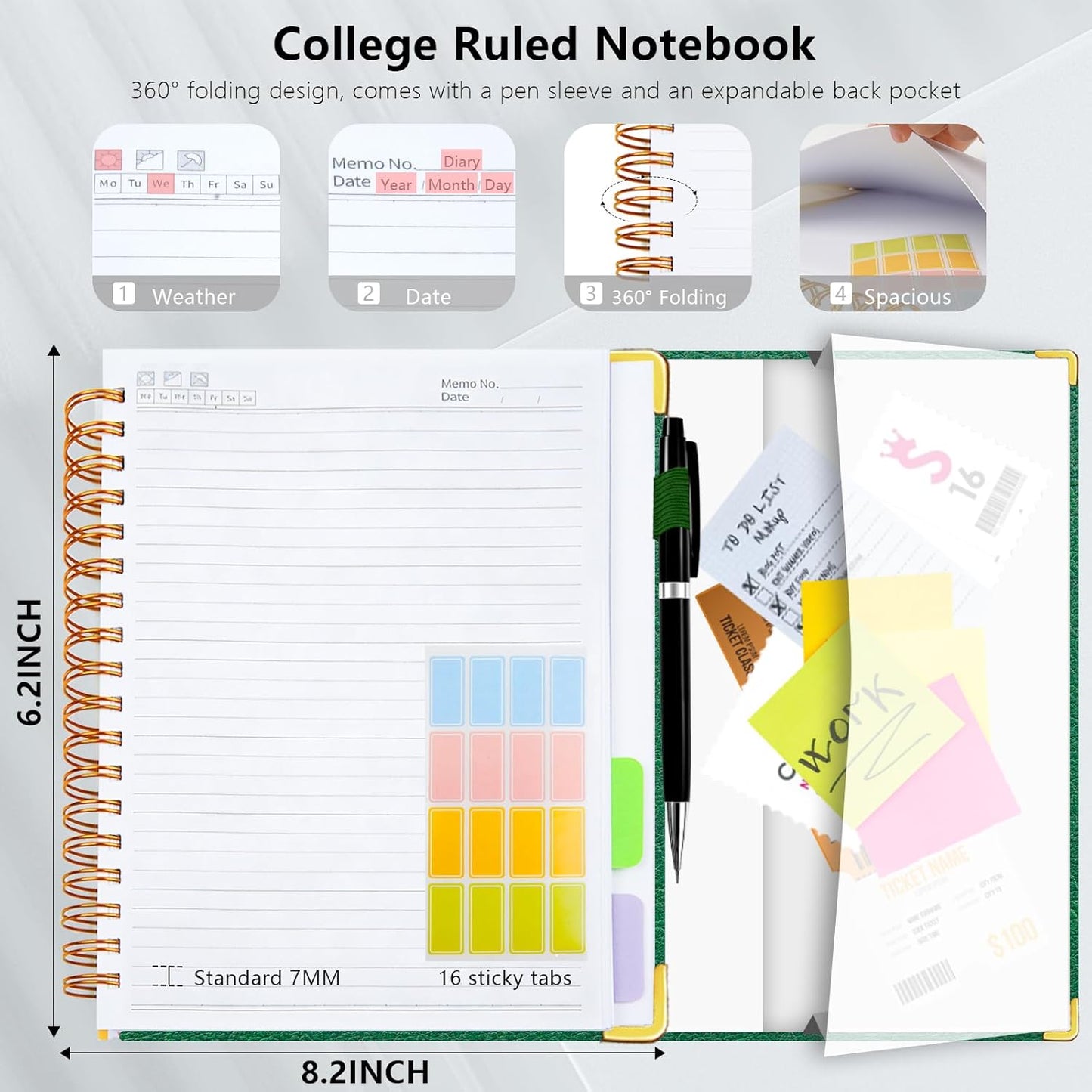 Hardcover Spiral Notebook College Ruled, 8"x10" Leather Journal Notebook with Magnetic Closure, 300 Pages 5 Subject Notebook with Dividers Tabs Journal for Women Men, Work, School(Rose Red)