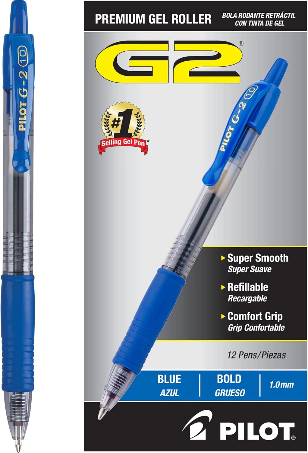 PILOT G2 Premium Refillable & Retractable Rolling Ball Gel Pens, Bold Point, Blue Ink, 12-Pack (31257)