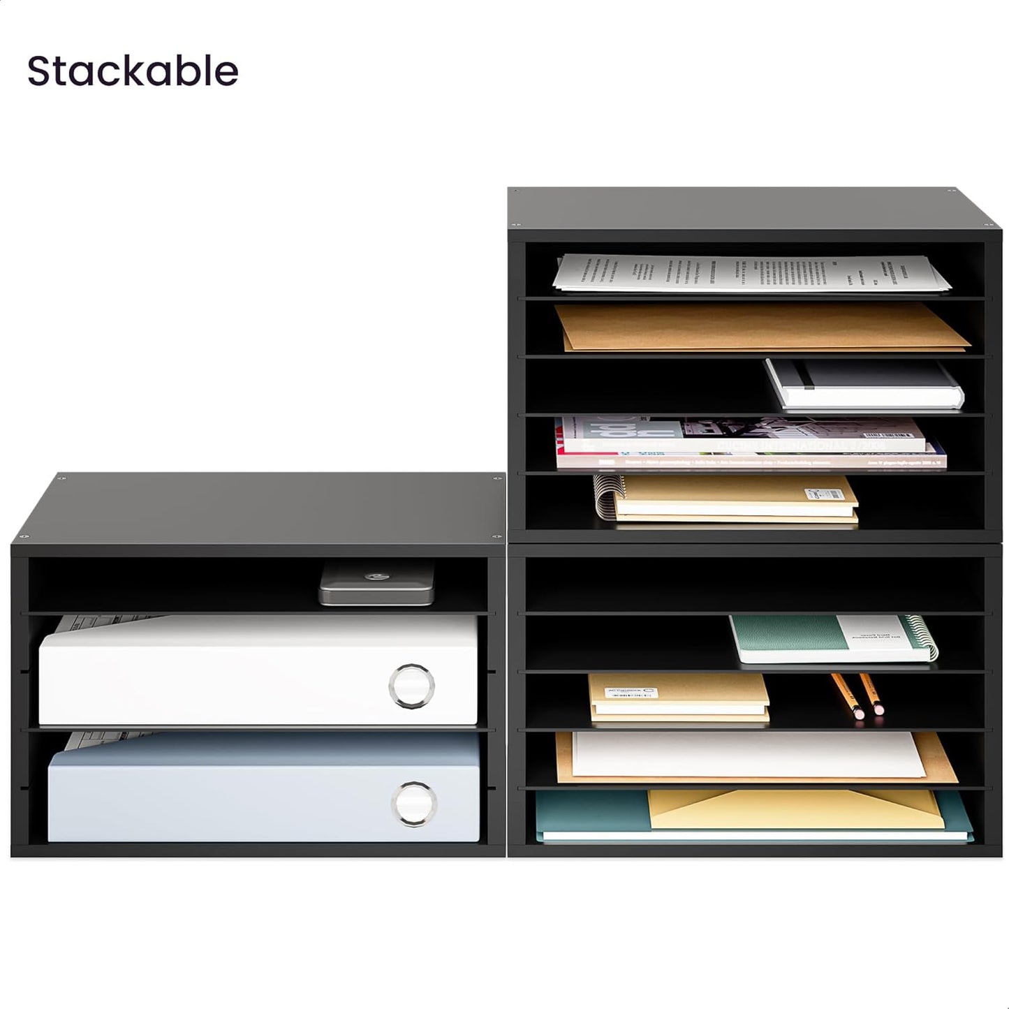 Ballucci 4-Tier Paper Organizer for Desk, Stackable Tray, Desk Storage Organizer Shelves, Stacking Letter Paper Tray Sorter for Classroom Office, Black