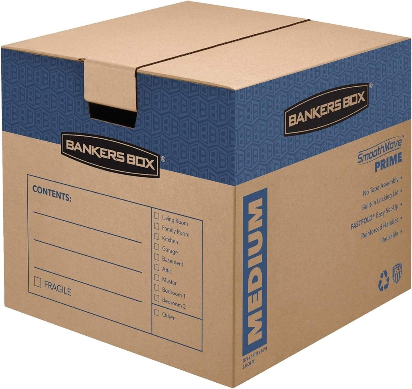Bankers Box Large Prime Moving Box 6 Pack, Reinforced Handles, Tape-Free Assembly, Attached Lid, 18-in x 18-in x 24-in (0062904)