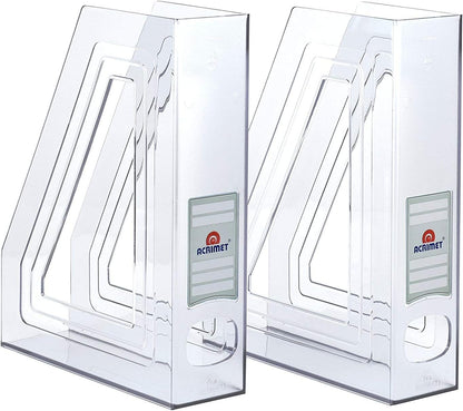 Acrimet Magazine File Holder Bin Storage, Vertical Rack for Documents, Folders and Mail, Durable Plastic Desk Organizer for Office & Home (Clear Crystal) (2 Pack)