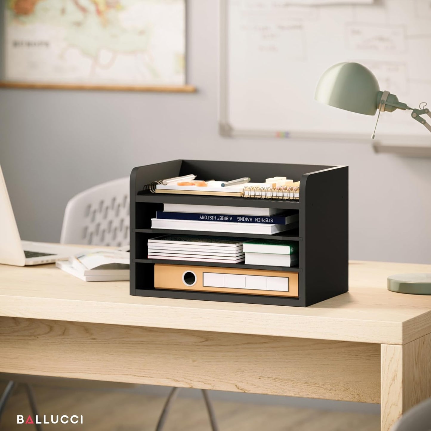 Ballucci 4-Tier Paper Organizer for Desk, Stackable Tray, Desk Storage Organizer Shelves, Stacking Letter Paper Tray Sorter for Classroom Office, Black