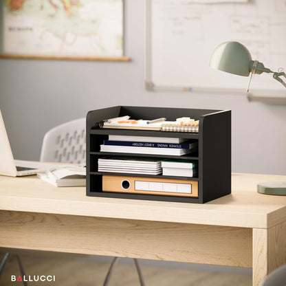 Ballucci 4-Tier Paper Organizer for Desk, Stackable Tray, Desk Storage Organizer Shelves, Stacking Letter Paper Tray Sorter for Classroom Office, Black