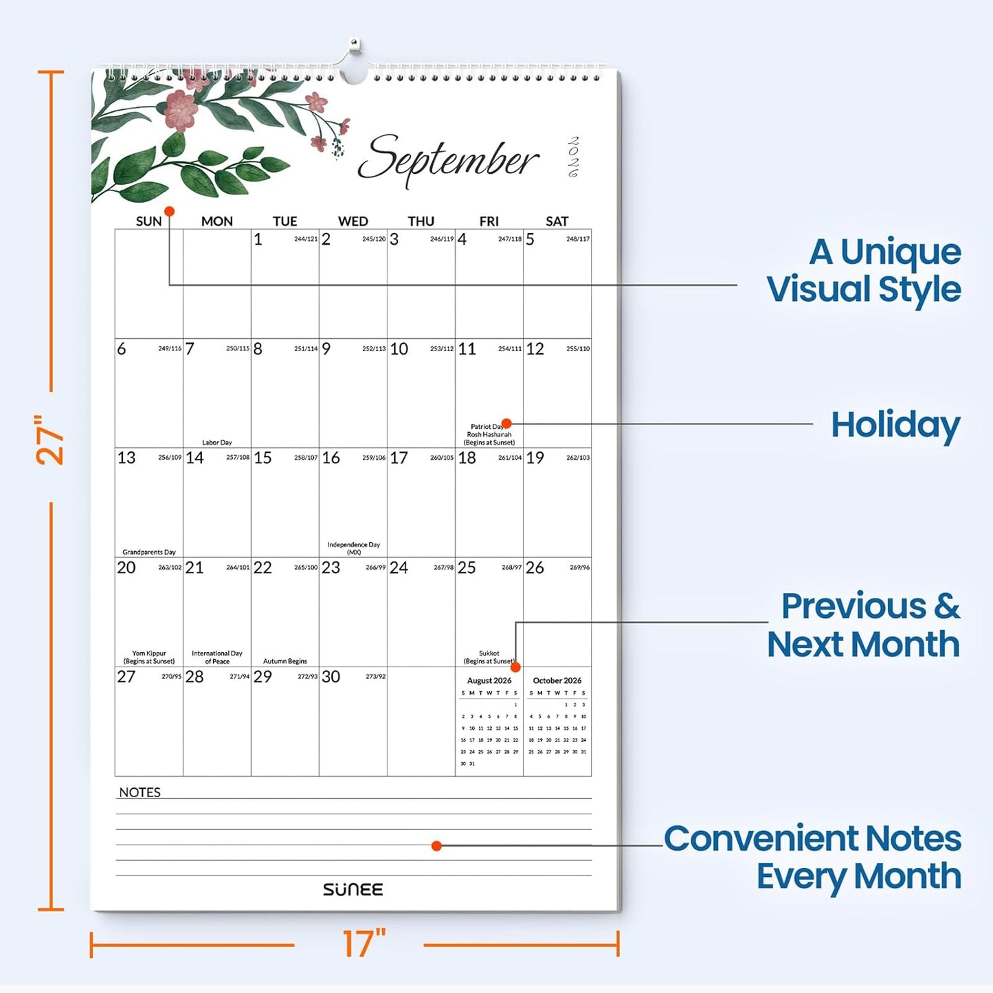 SUNEE 2026 Wall Calendar Large 22.75"x15.5", 21 Month Calendar (Ends December 2027), Vertical Extra Large, Seasons Color