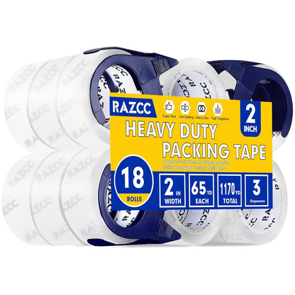 RAZCC Packing Tape, 18 Rolls Clear Heavy Duty Packaging Tape with Dispensers for Packing, Shipping, Moving and Mailing, Thicker Sealing Tape-1.88" x 65 Yards Per Roll, 1170 Total Yards