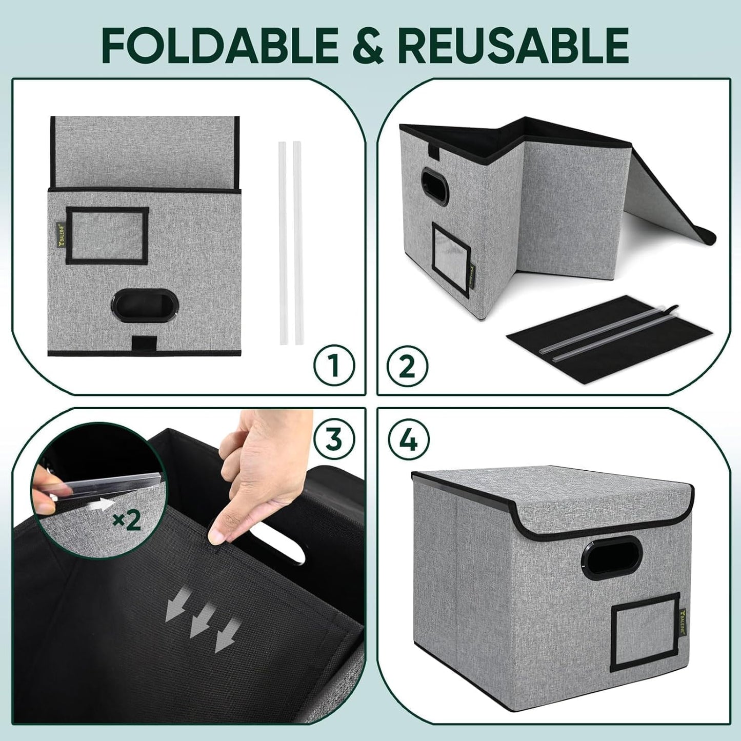 BALEINE File Organizer Box with Lid, Collapsible File Folder Organizer with Plastic Slide, Hanging File Folder Box for Office Document Storage (1 Pack, Black)