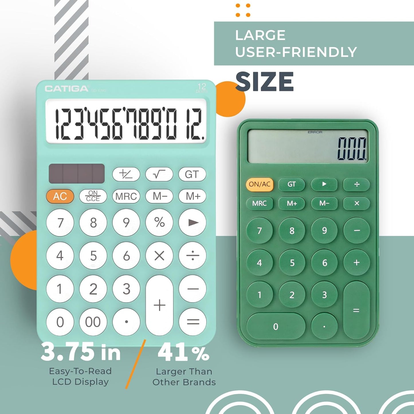CATIGA 12 Digit Desktop Calculator Basic Desk Calculator with Large LCD Display, Big Buttons, 4 Function, Solar and Battery Dual Power, for Office, School, Home, SD-1292 Green