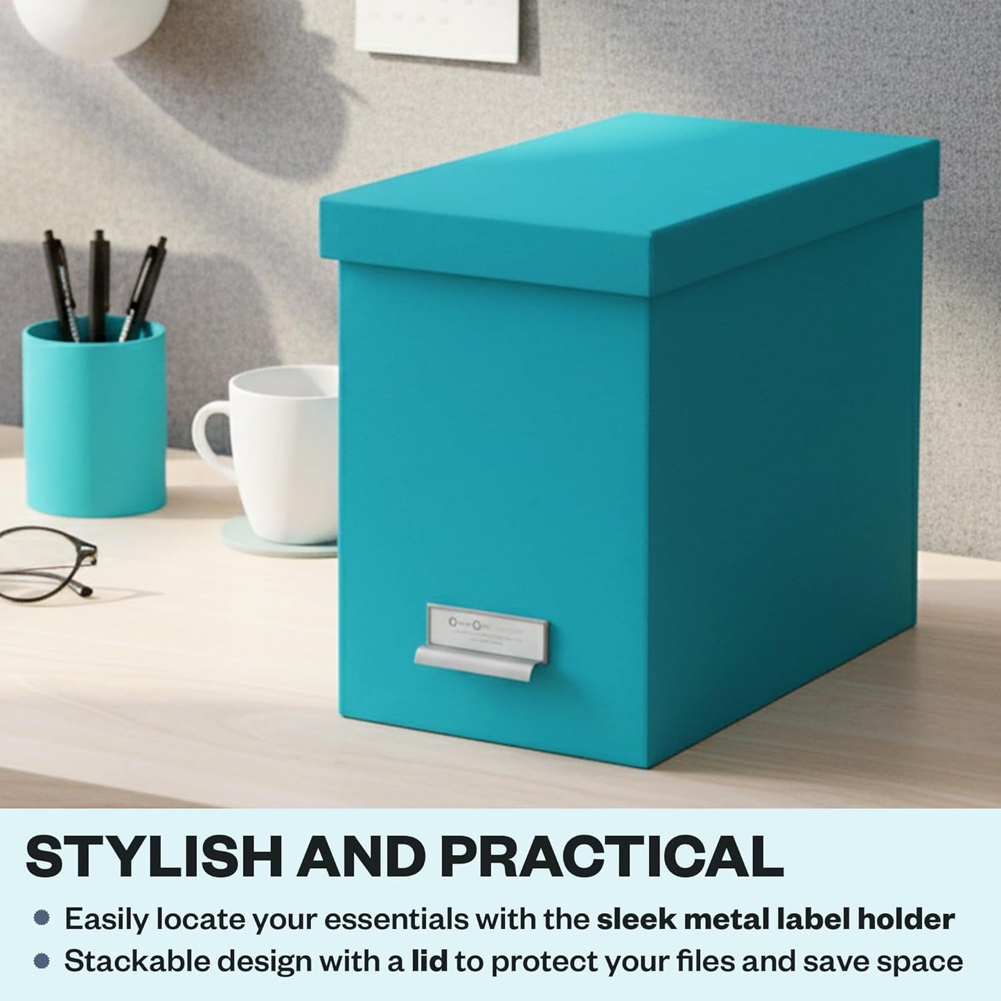 Bigso John Fiberboard Label Frame Desktop File Storage Box - Document Organizer for Important Paperwork - Durable Hanging File Box with a Lid & Metal Label Window - 7.36 x 13.38 x 10.51 in - White
