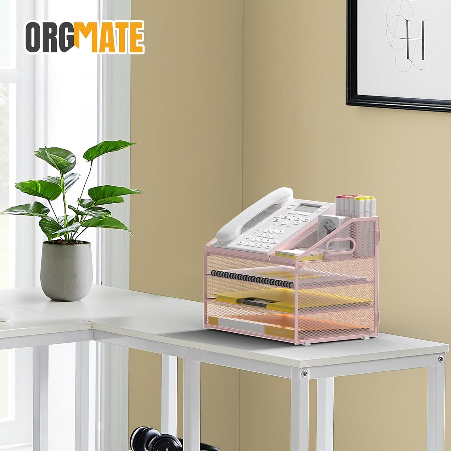 Letter Tray Paper, 4 Tier Desk Organizer with Pen Holder and Handle Mesh File Organizer Paper Sorter Metal Desktop Document Shelf for Office Home Classroom -Black