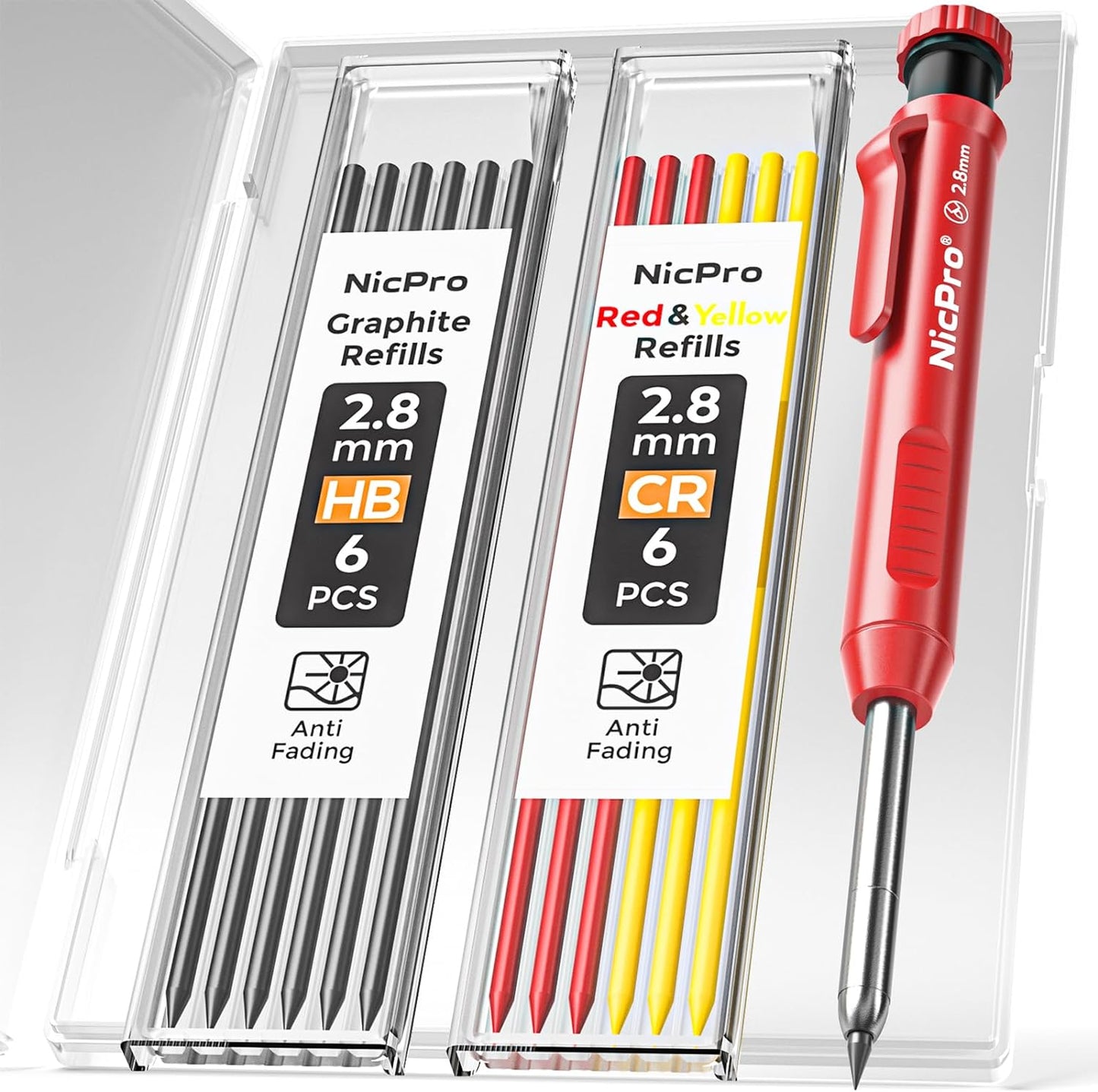 Nicpro Carpenter Pencil with Sharpener, Mechanical Pencils Set with 26 Refills, Deep Hole Marker for Construction, Heavy Duty Woodworking Tools for Architect (Black, Red) - With Case